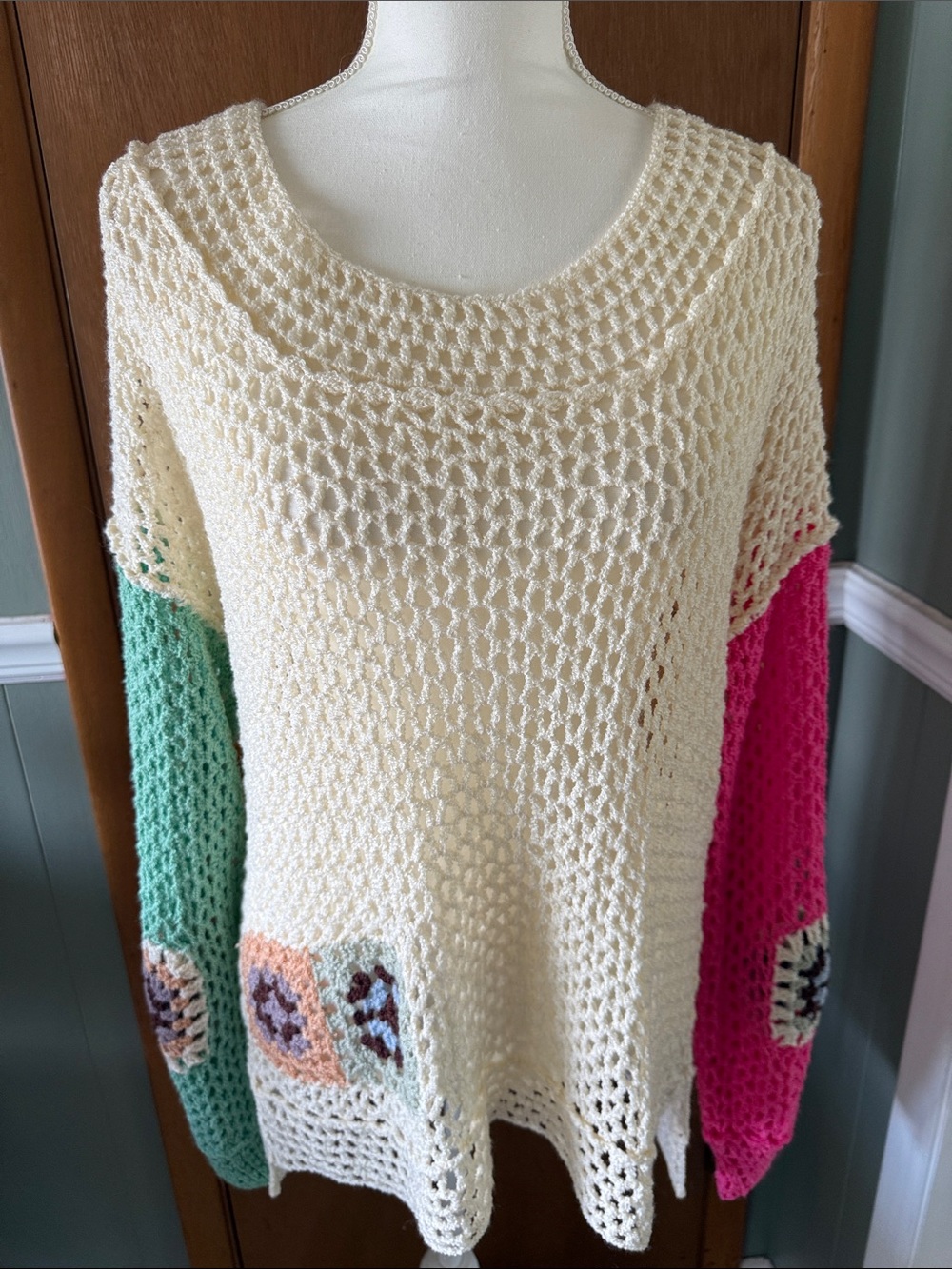POL Cream Crochet Off-Shoulder Sweater with Pink and Green Sleeves Size S